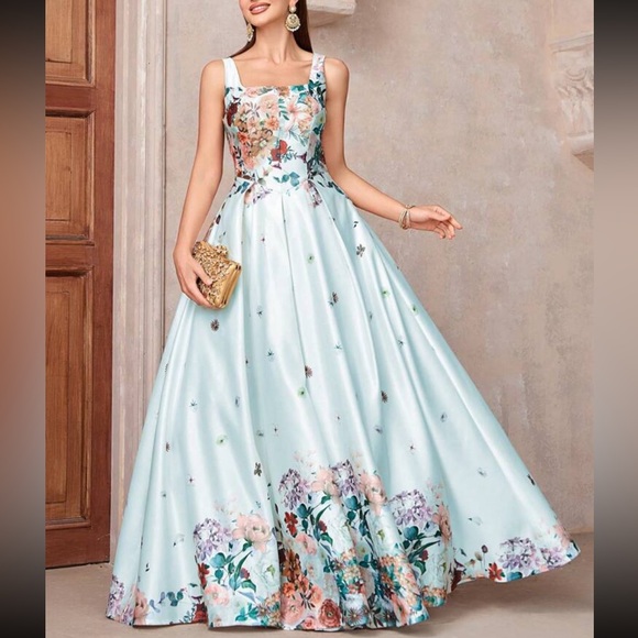 Luxe floral print square neck zip up back party portal gown dress - Picture 6 of 6